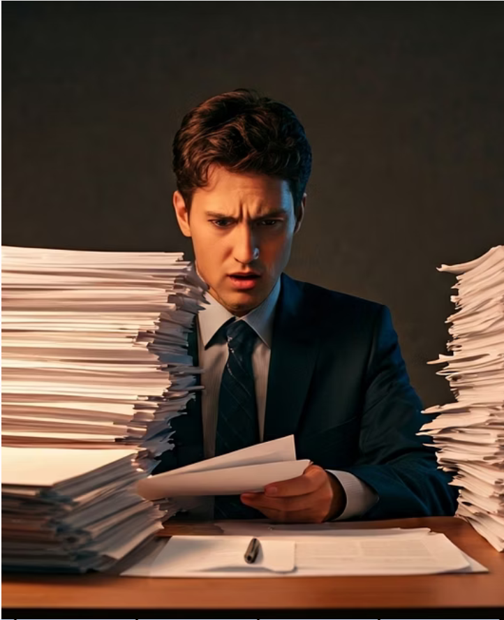 Frustrated auditor with papers